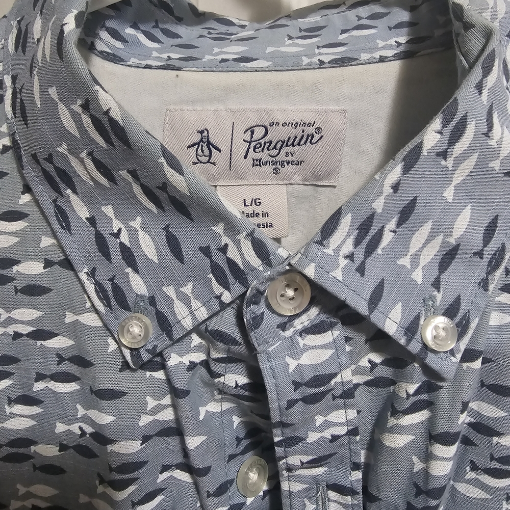 Original Penguin Light Blue Patterned Button Down… - image 2
